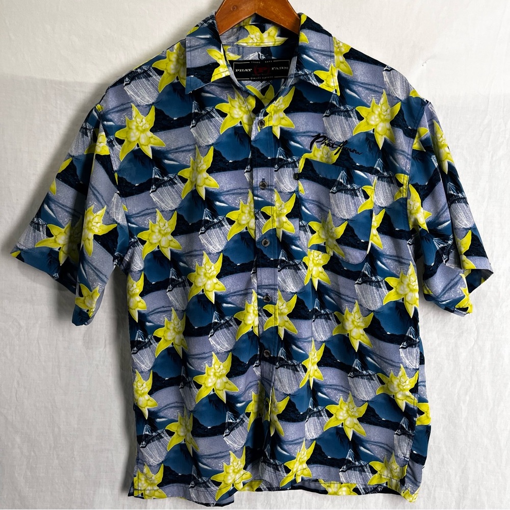 Vintage Phat Farm Hawaiian Shirt Men M Short Sleeve Button Up All Over Print Top